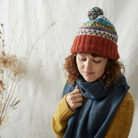 Wool Bobble Hat Multicoloured Rust Orange Waste Wool