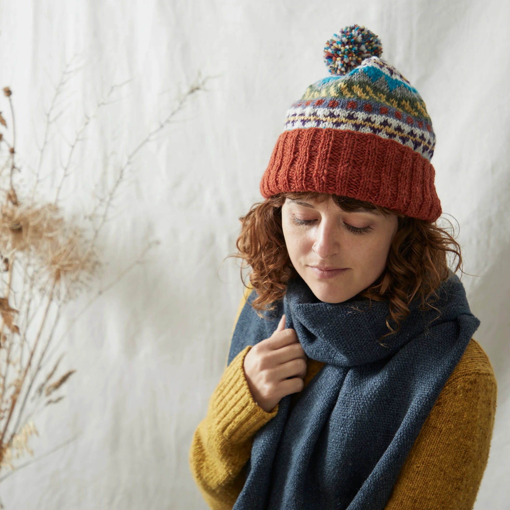 Wool Bobble Hat Multicoloured Rust Orange Waste Wool