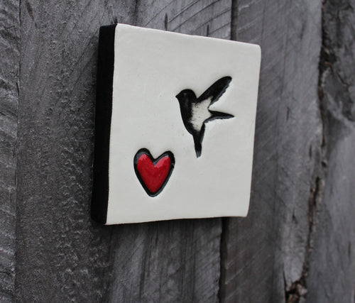 Handmade Ceramic Tile - WHITE BIRD WITH HEART