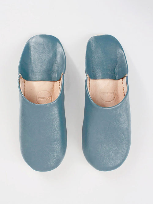 Mens Moroccan Leather Babouche Basic Slippers Blue Grey