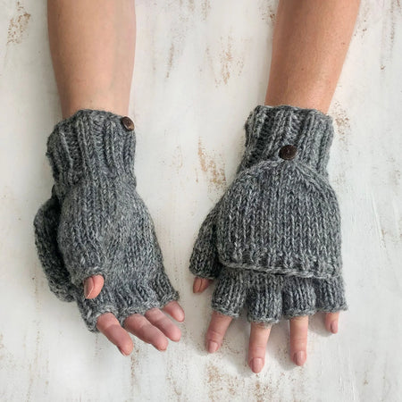 Wool Mitten Fingerless Gloves Lined Dark Grey Gupta