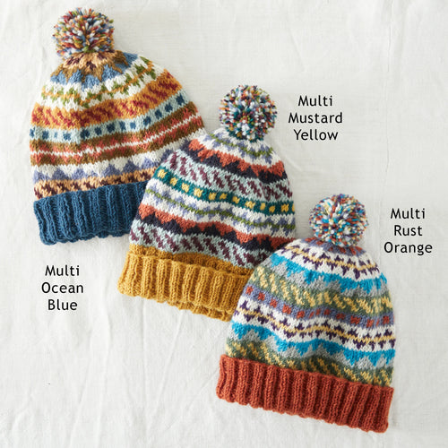 Wool Bobble Hat Multicoloured Rust Orange Waste Wool