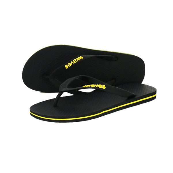 Waves Unisex 100% Natural Rubber Flip Flop   Black  / Yellow