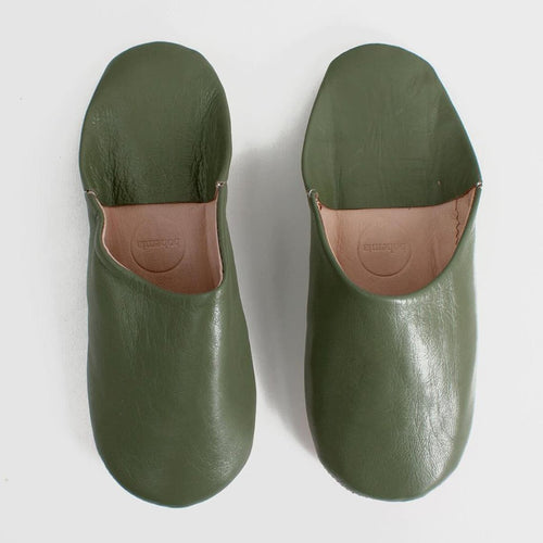 Mens Moroccan Leather Babouche Basic Slippers Olive
