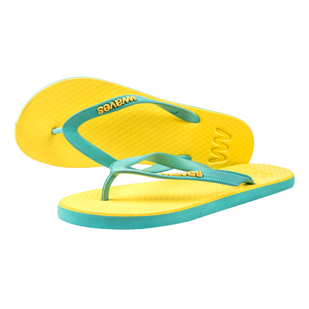 Waves Womens 100 Natural Rubber Flip Flop Light Blue Yellow